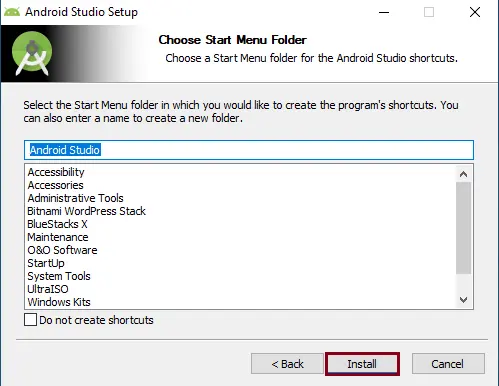 Android Studio setup start menu