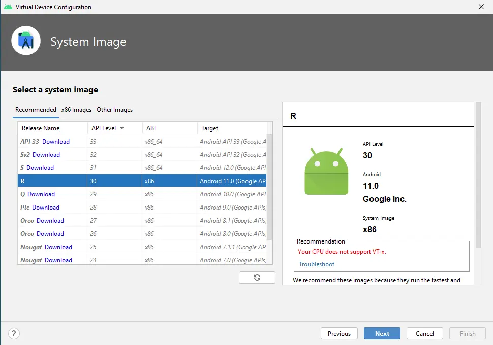 Android virtual devices system image