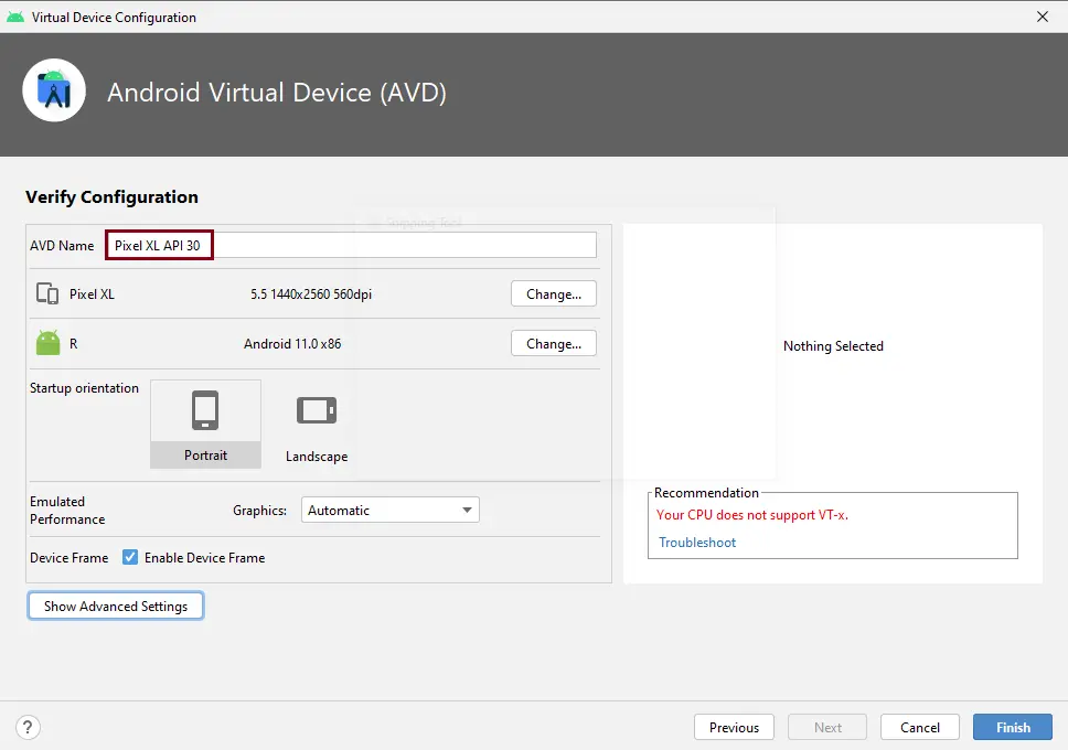Android virtual devices verify configuration