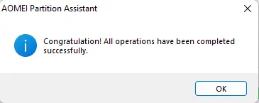 Aomei partition completed