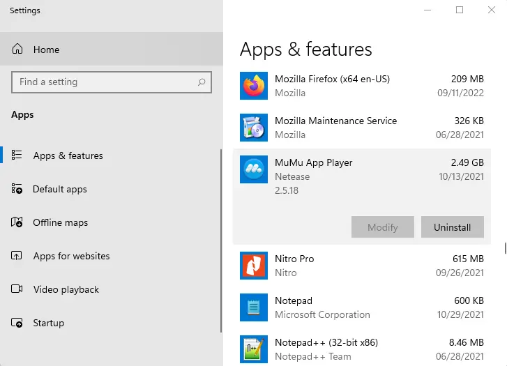 App and features windows