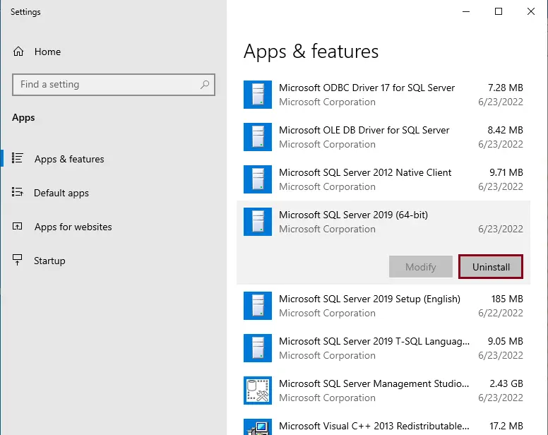 App & features uninstall SQL server