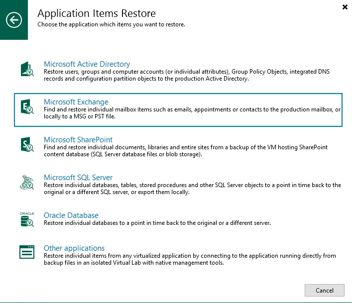 Application items restore exchange