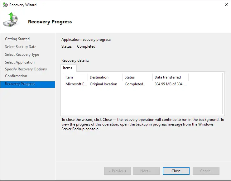 Application recovery progress completed