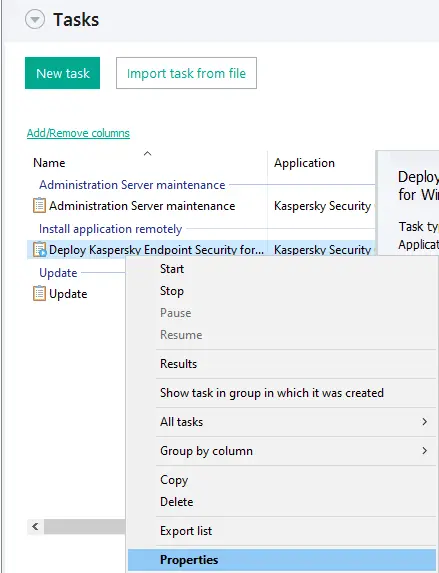 Application remotely task Kaspersky