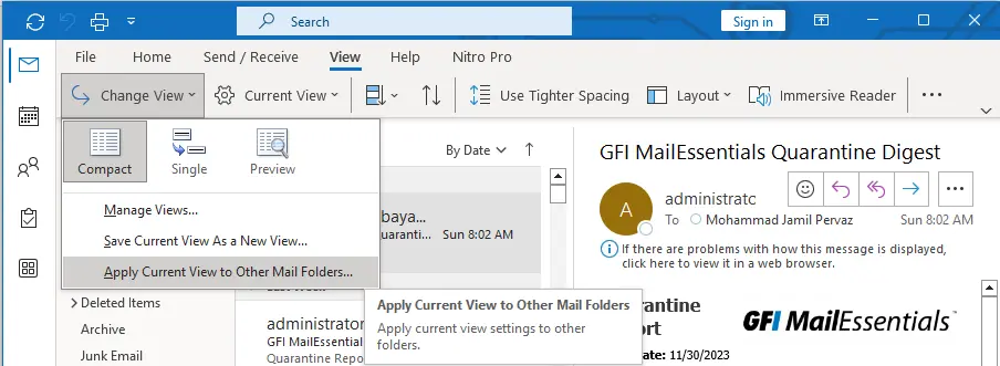 Apply current view in outlook