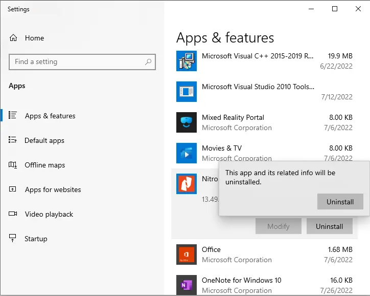 Apps & Features uninstall Nitro