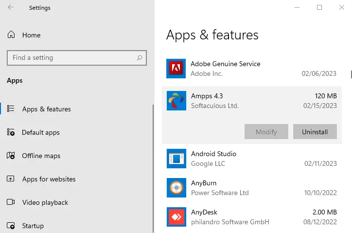 Apps and features remove Ampps