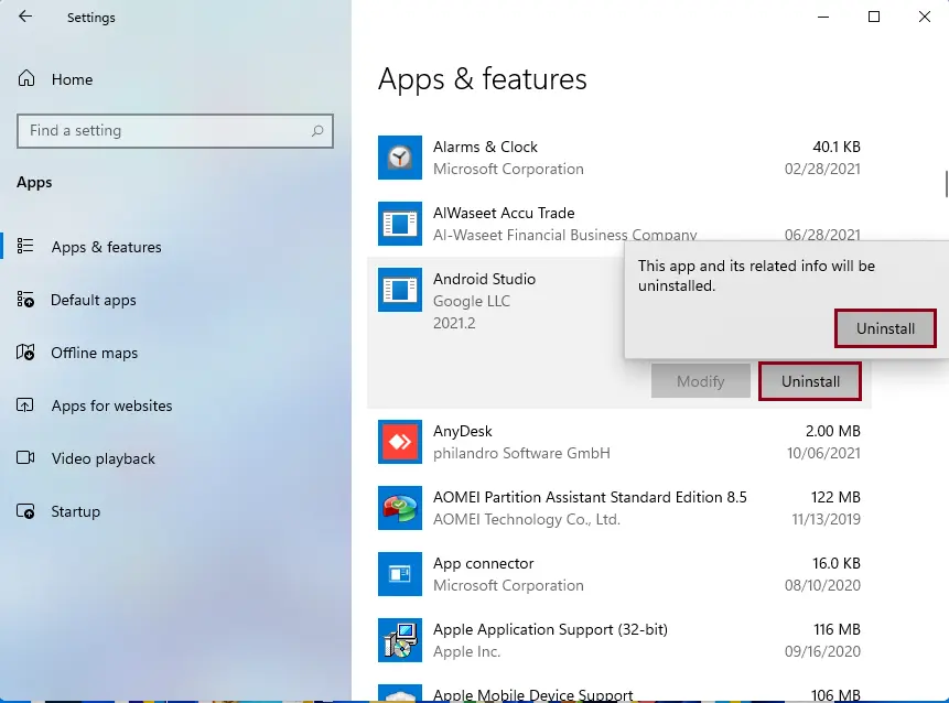 Apps & features uninstall Android Studio