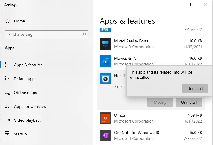 Apps & features uninstall Nox Player