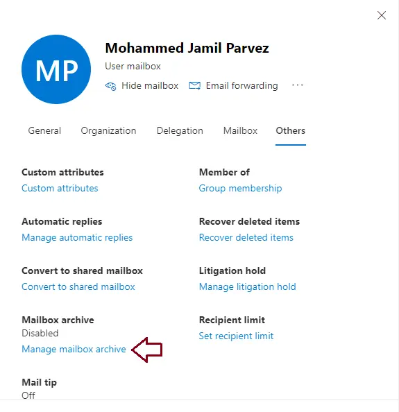 Archive mailbox settings in Exchange admin center