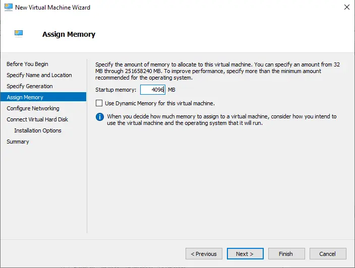 Assign memory new virtual machine