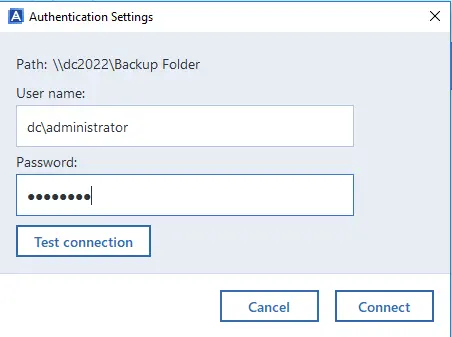 Authentication settings Acronis true image