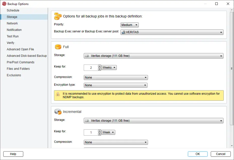 Backup Exec backup options storage