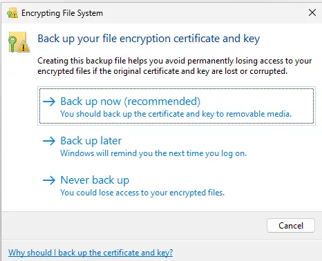 Backup file encryption certificate and key