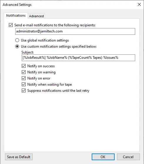 Backup job to tape advanced settings