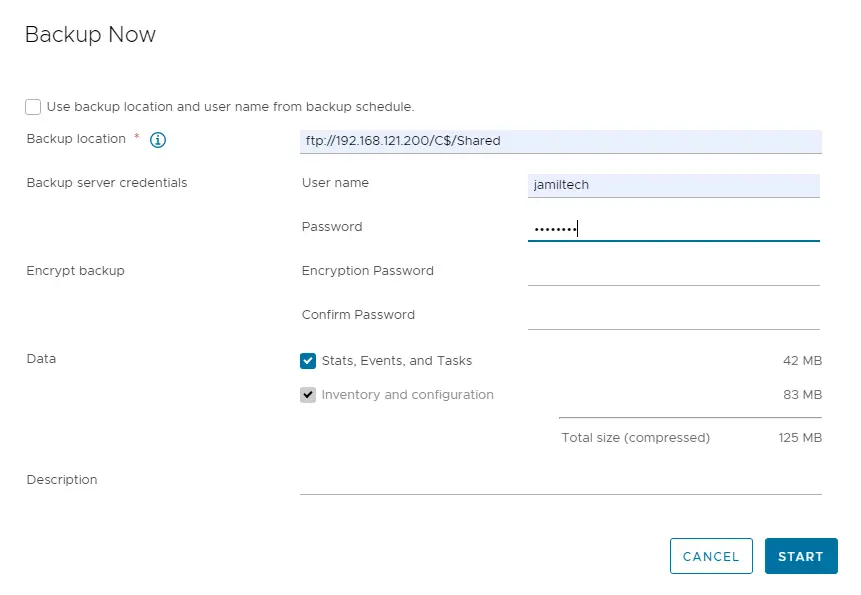 Backup now vCenter server appliance