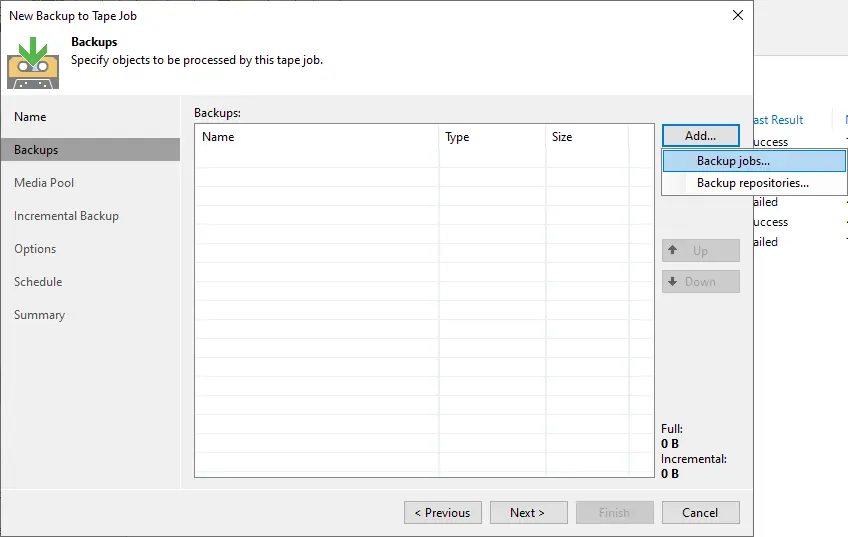 Backup to tape job backups