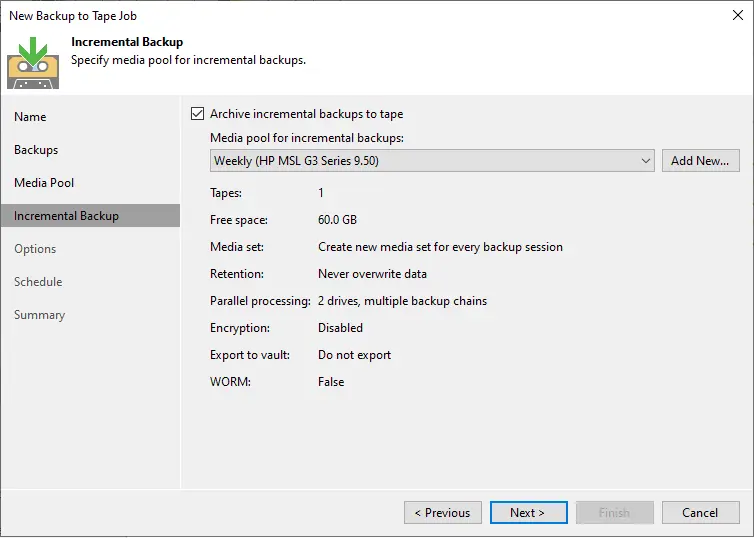 Backup to tape job incremental backup