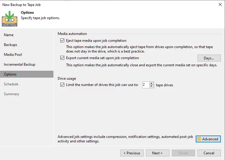 Backup to tape job options Veeam