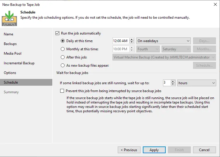 Backup to tape job schedule