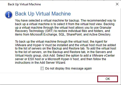 Backup virtual machine message