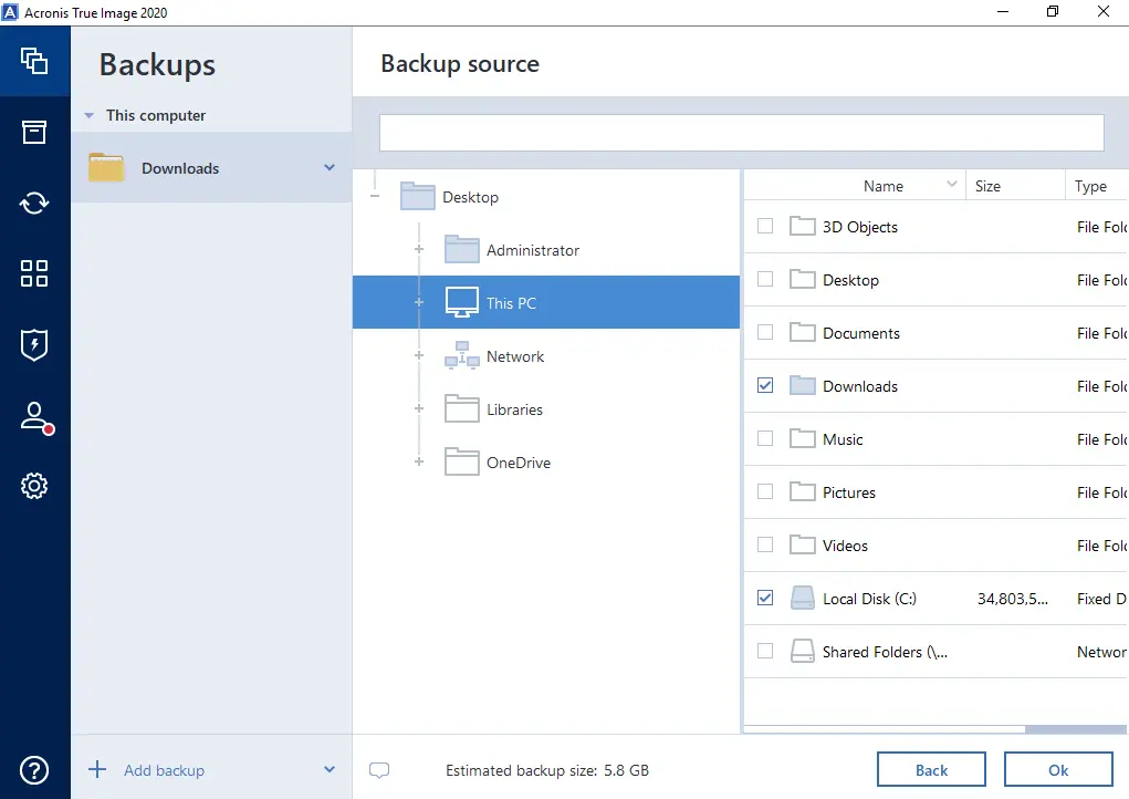 Backups source Acronis true image