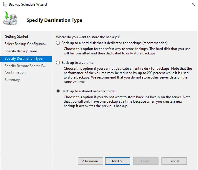 Bare metal backup destination type