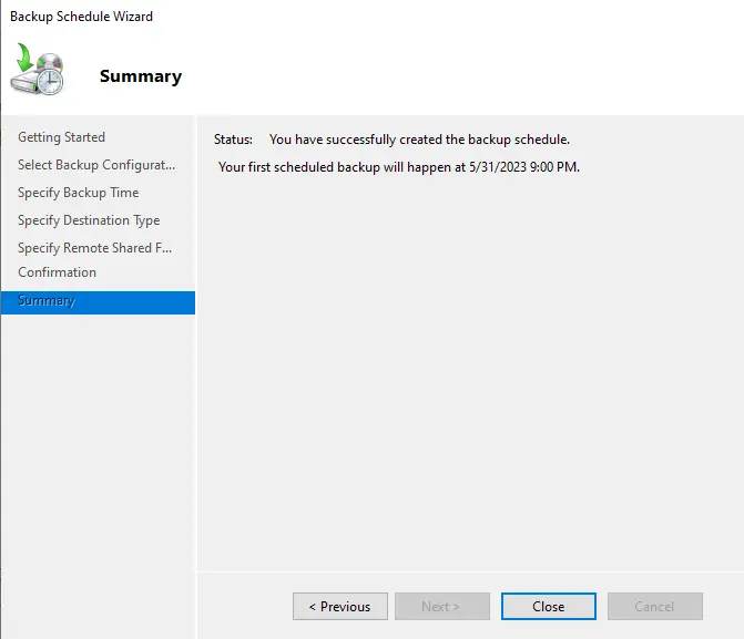 Bare metal backup schedule summary