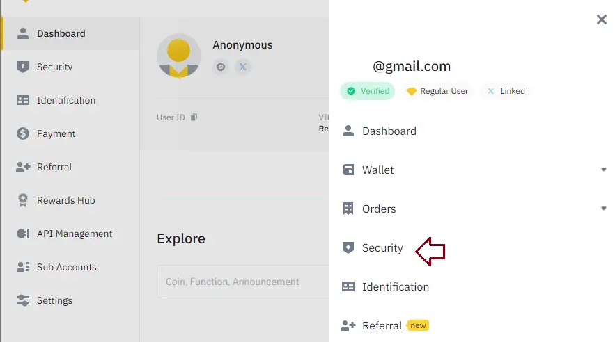 Binance account profile menu