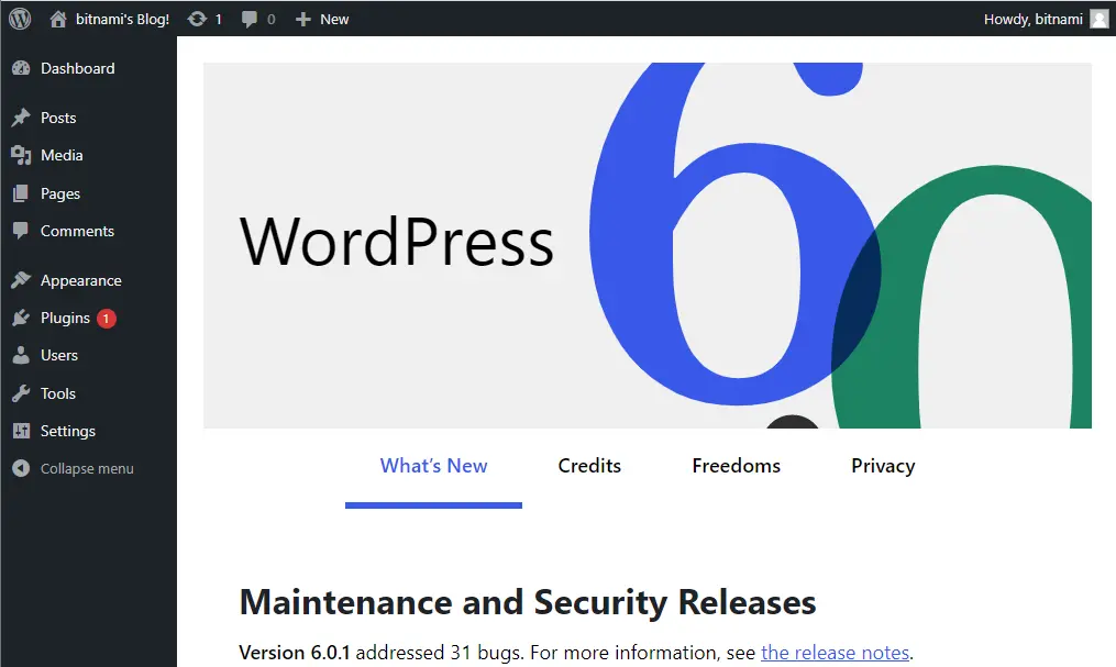 Bitnami WordPress dashboard