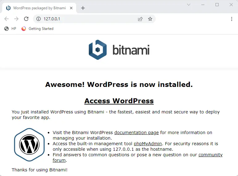 Bitnami WordPress in now installed