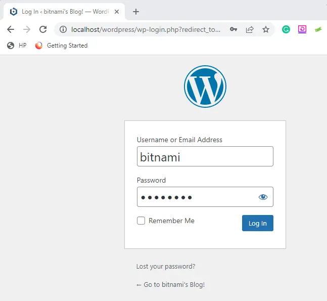 Bitnami WordPress login