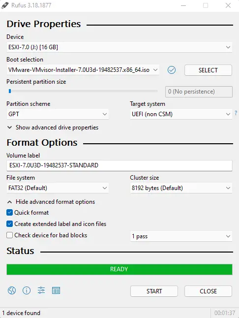 Bootable VMware ESXi installer USB Rufus