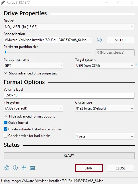 Bootable VMware ESXi installer USB Rufus