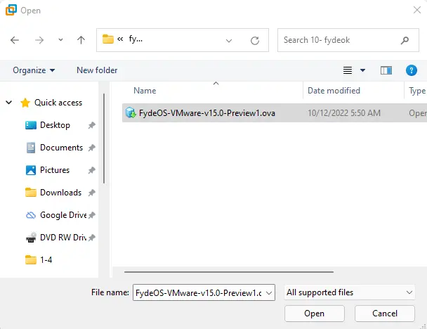 Browse FydeOS VMware .ova file