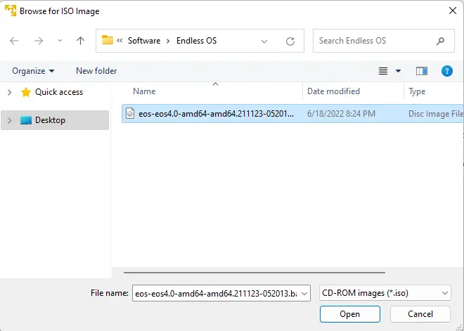 Browse for Endless ISO image