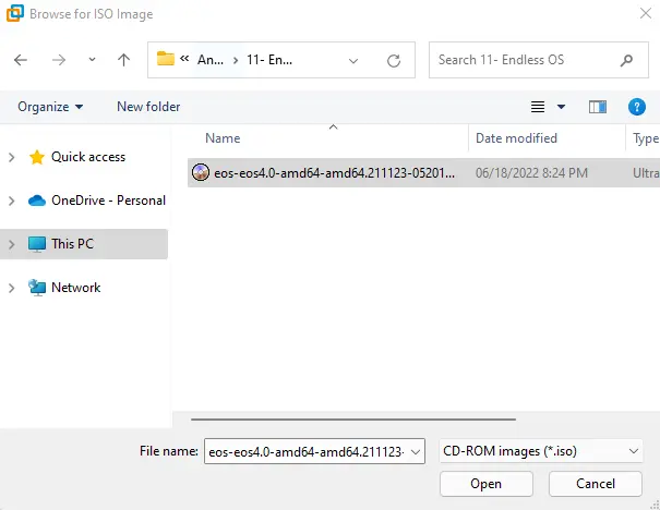 Browse for ISO image Endless
