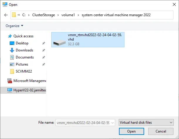 Browse for SCVMM vhd file