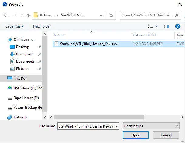 Browse for StarWind VTL key