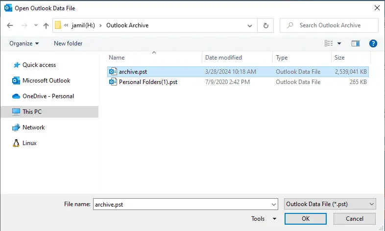 Browse open outlook data file
