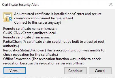 Certificate security alerts Veeam