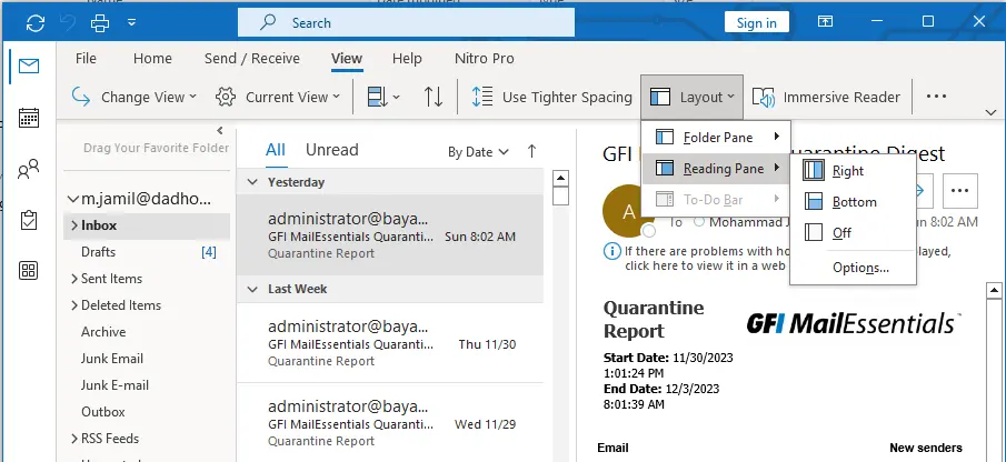 Change reading pane in outlook