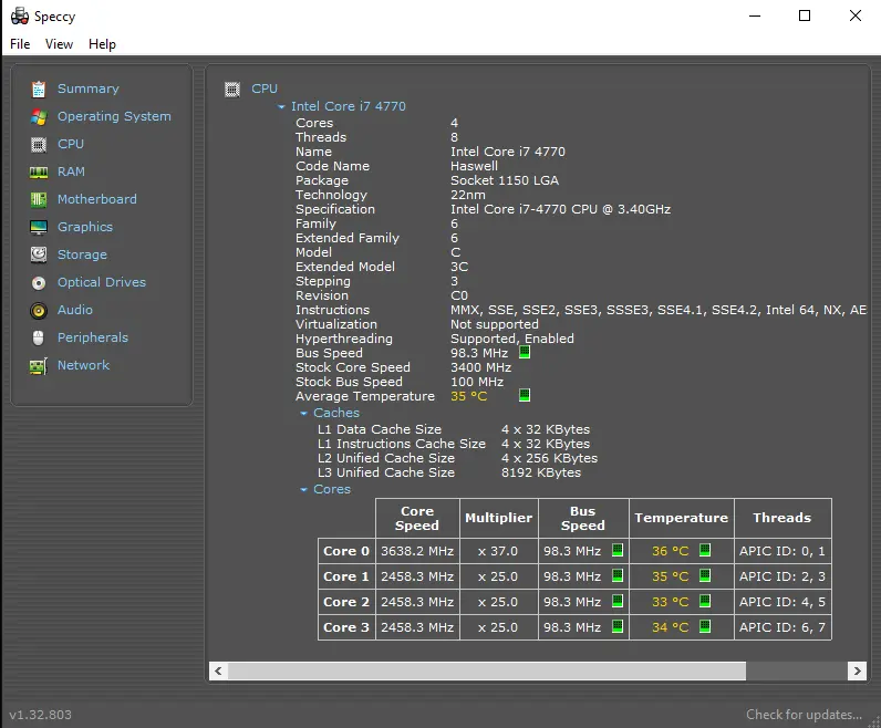 Check CPU temperature speccy