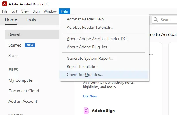 Check for updates acrobat reader