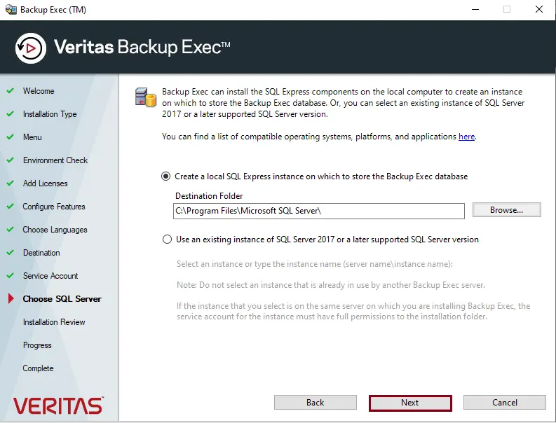 Choose SQL server Backup Exec