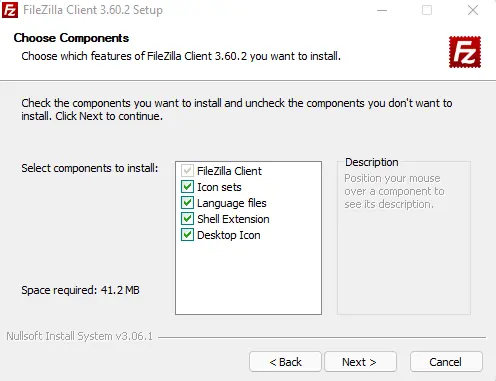 Choose components Install FileZilla client