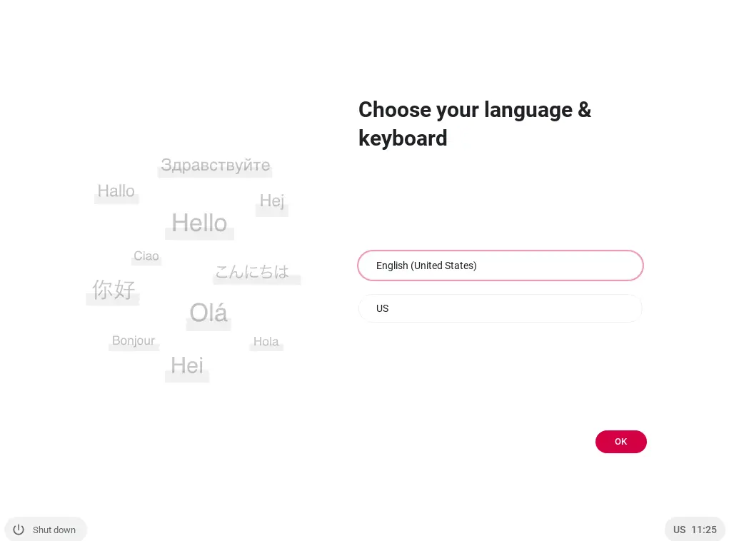 Choose your language & keyboard FydeOS