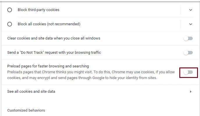 Chrome cookies and other site data