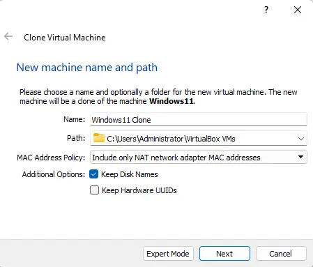 Clone virtual machine in virtualbox